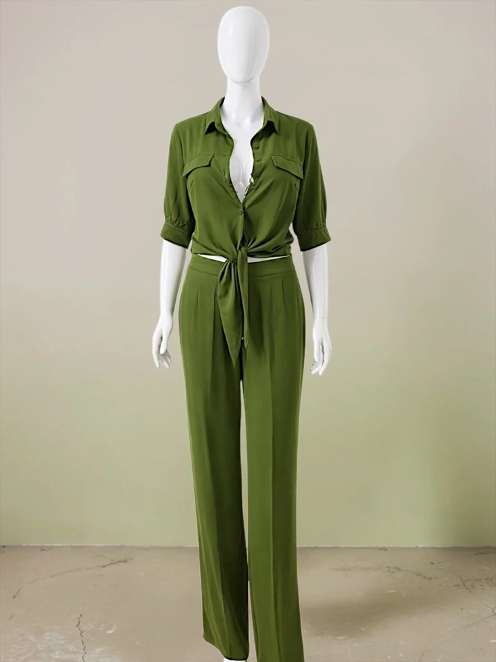 Women's Olive Green Tie-Front Jumpsuit